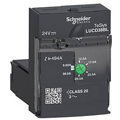 Urządzenie elektryczne firmy Schneider Electric, typ 'TeSys LUCD38BL', 24V, z podziałką i kodem QR na przedniej stronie.
