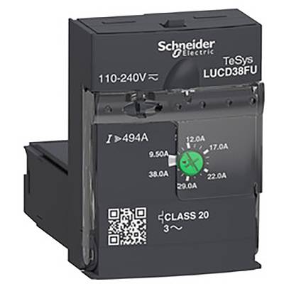 Czarne urządzenie firmy Schneider Electric, model 'TeSys LUCD38FU', przeznaczone do pracy w zakresie napięcia 110-240V. Widoczny jest kod QR oraz przełącznik obrotowy.
