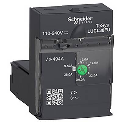 Elektroniczne urządzenie łączeniowe firmy Schneider Electric, model TeSys LUCL38FU, o zakresie napięcia 110-240V z widocznym pokrętłem regulacji prądu.