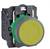 Przełącznik z żółtym przyciskiem i zieloną obramówką na czarnej podstawie, przeznaczony do przemysłowych zastosowań w panelach sterowniczych.