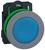 Duży, okrągły niebieski przycisk na czarnym uchwycie z zieloną obramówką. Odpowiedni do pulpitów sterowania lub rozdzielni.