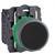 Okrągły, zielony przycisk naciskowy na czarnej obudowie, używany jako przełącznik elektryczny, wyposażony w metalowe elementy montażowe.