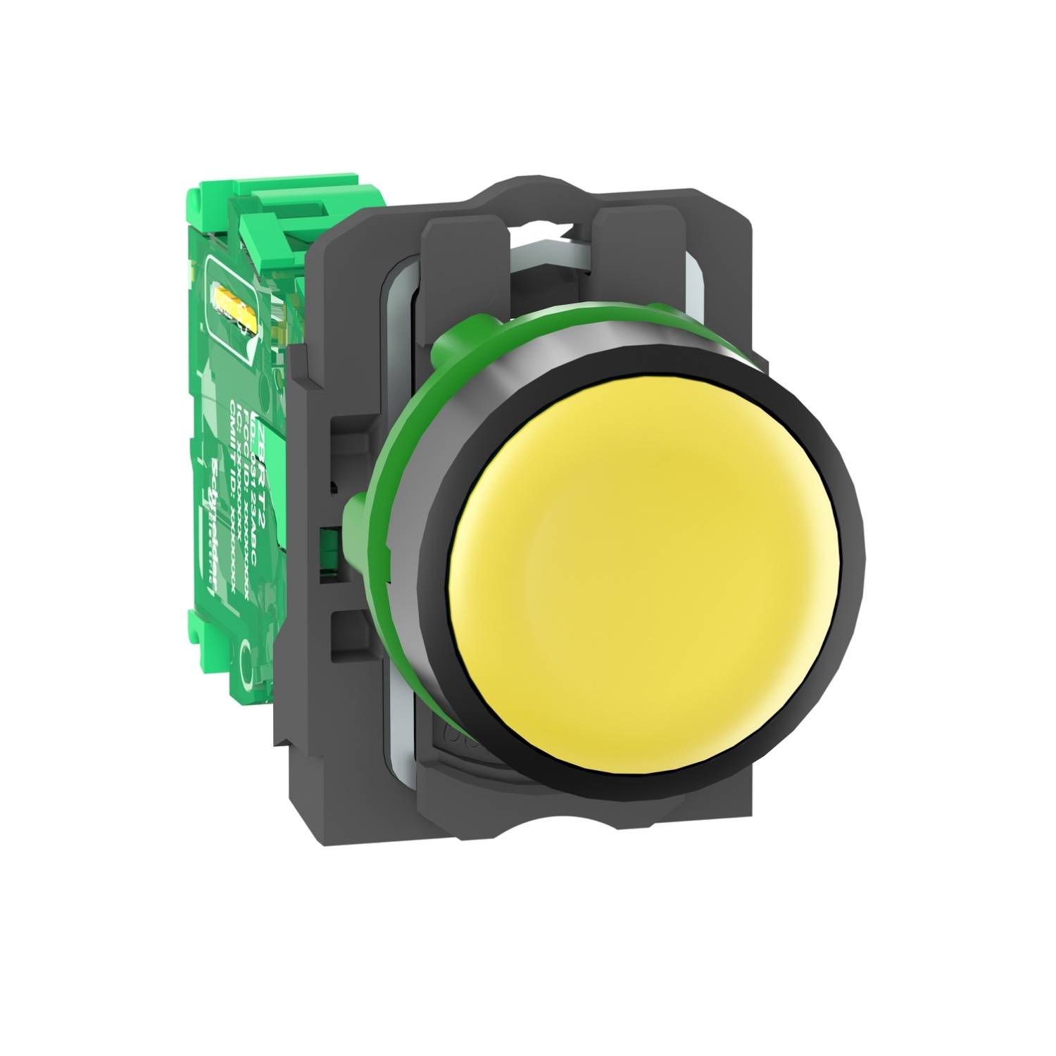Duży, okrągły żółty przycisk naciskowy na czarnej podstawie z zieloną płytką. Odpowiedni do sterowania przemysłowego.