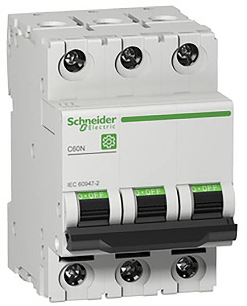 Biały trójbiegunowy wyłącznik nadprądowy marki Schneider Electric, model C60N, z zielonym oznakowaniem 'ON' i 'OFF'.