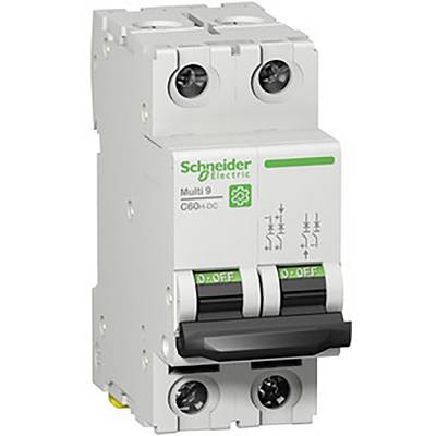 Dwubiegunowy wyłącznik nadprądowy firmy Schneider Electric, model Multi 9 C60 +DC, z zielonymi przyciskami 'WŁ./WYŁ.' i naniesionymi szczegółami technicznymi.