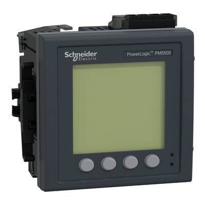 Kwadratowe, ciemnoszare urządzenie pomiarowe firmy Schneider Electric z wyświetlaczem, czterema przyciskami i złączami u góry.
