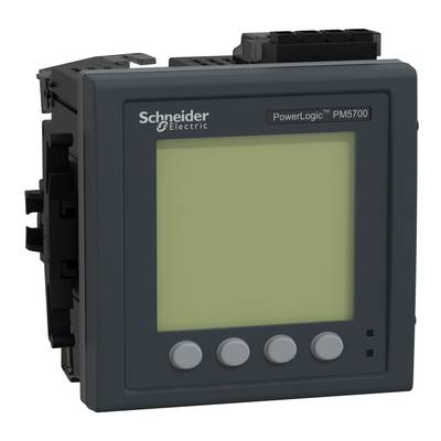 Miernik energii Schneider Electric PowerLogic PM5700 z cyfrowym wyświetlaczem i wieloma przyciskami, przeznaczony do monitorowania danych elektrycznych.