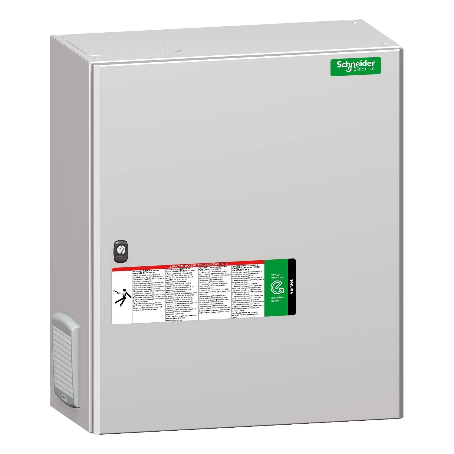 Prostokątna szafa sterownicza z zielonym logo 'Schneider Electric' w prawym górnym rogu oraz instrukcją bezpieczeństwa pośrodku.