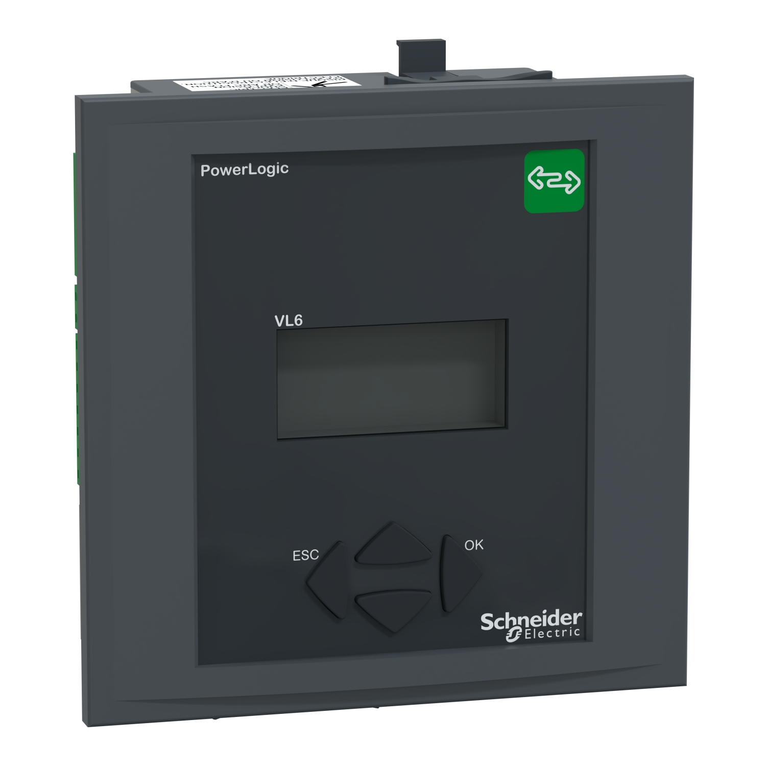 Cyfrowy sterownik firmy Schneider Electric, model 'PowerLogic VL6', wyposażony w wyświetlacz i elementy sterujące do monitorowania mocy.