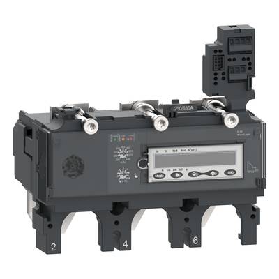 Urządzenie elektryczne z wyświetlaczem cyfrowym i przyciskami sterującymi. Posiada kilka złączy oraz ponumerowane przełączniki na spodzie.