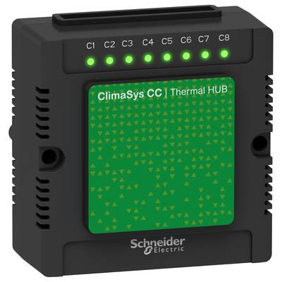 Czarny elektroniczny aparat firmy Schneider Electric do systemów klimatyzacyjnych, model 'ClimaSys CC | Thermal HUB', z ośmioma zielonymi wskaźnikami LED.