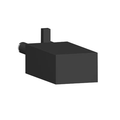 Czarny, prostokątny blok 3D z krótkim cylindrem z tyłu i pionowym prętem na górze; zaprojektowany w stylu minimalistycznym.