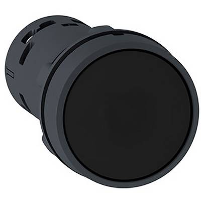 Czarny przycisk naciskowy w kształcie cylindra, typowo stosowany w panelach sterowania maszyn.