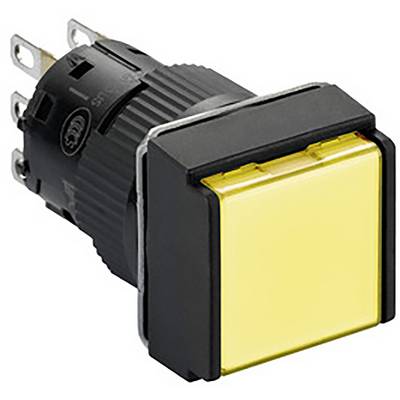 Żółty przycisk sterowniczy w czarnej obudowie z wieloma złączami z tyłu. Przeznaczony do użycia w obwodach elektronicznych.