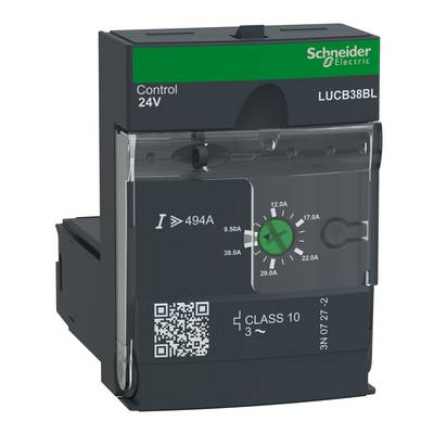 Urządzenie rozruchowe silnika z napisem 'Schneider Electric Control 24V LUCB38BL', wyświetlające informacje o natężeniu prądu i klasie ochronności.