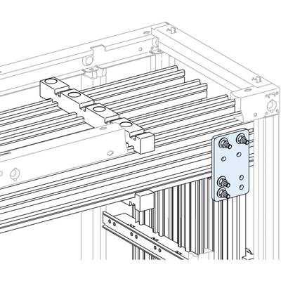 Diagram montażowy aluminiowej ramy z niebieską płytką montażową zamocowaną po stronie za pomocą śrub.