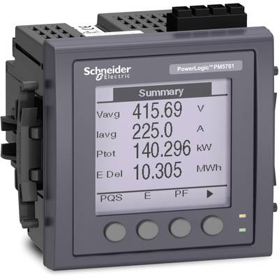 Urządzenie PowerLogic PM5761 wyświetla wartości pomiarowe: średnie napięcie 415,69 V, średnie natężenie prądu 225,0 A, energia całkowita 10,305 MWh.