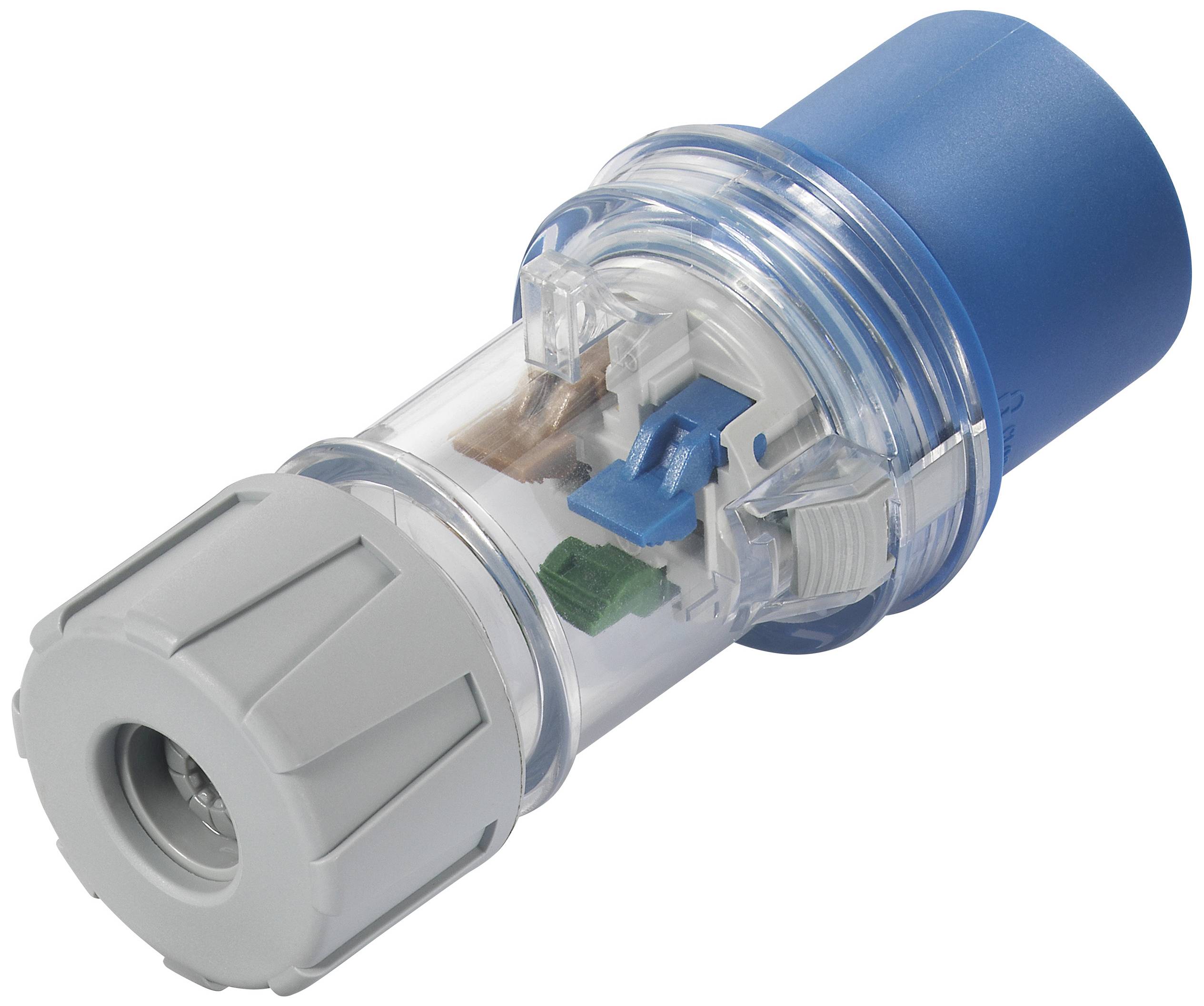 Elektryczny złącznik z niebieską i szarą osłoną, częściowo przezroczysty, ukazujący wewnętrzne przyłącza i miedziane przewody.