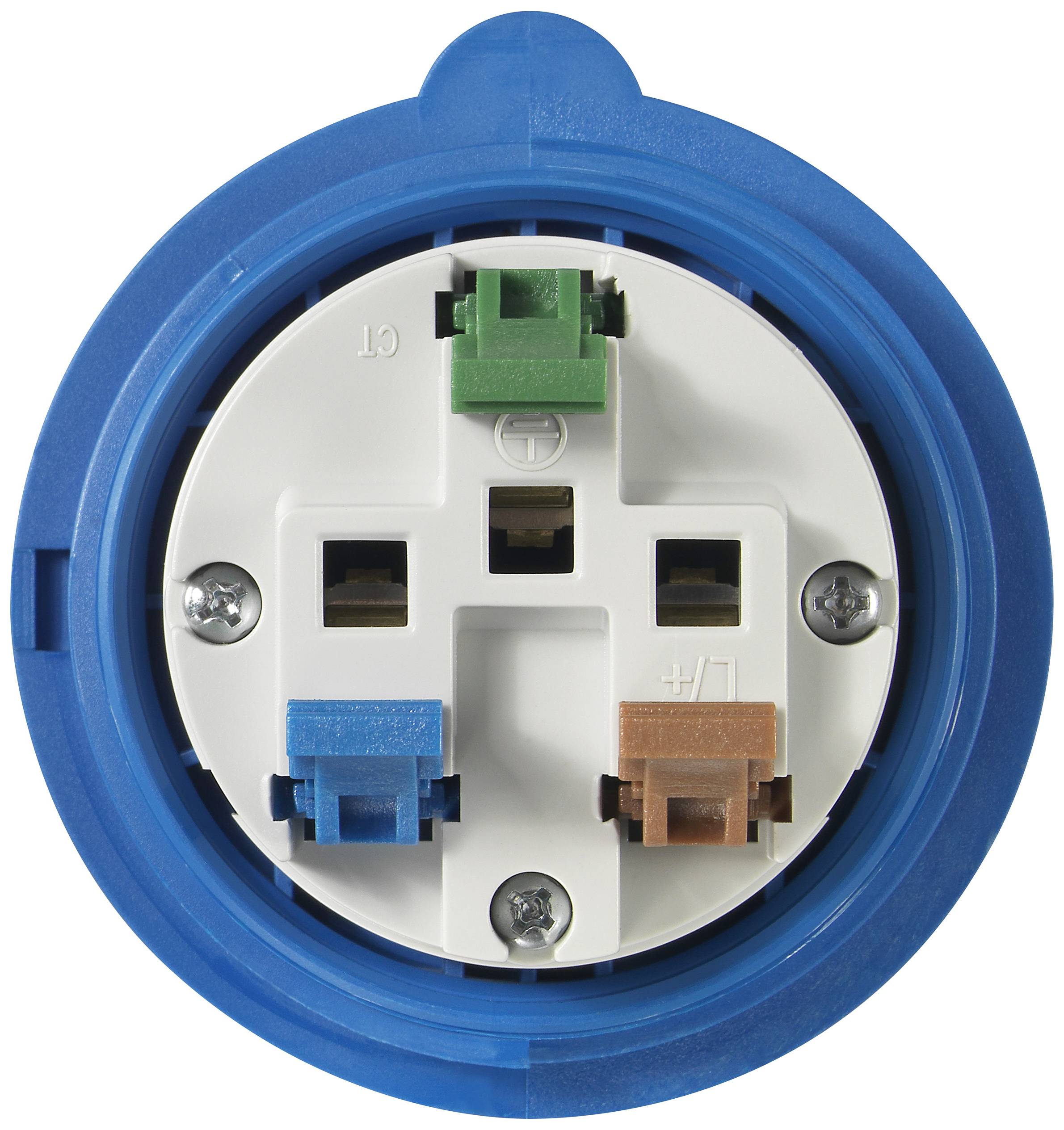 Okrągłe, niebieskie gniazdko z czterema kolorowymi przyłączami: zielonym, niebieskim, brązowym i czerwonym. Widoczne są techniczne złącza.