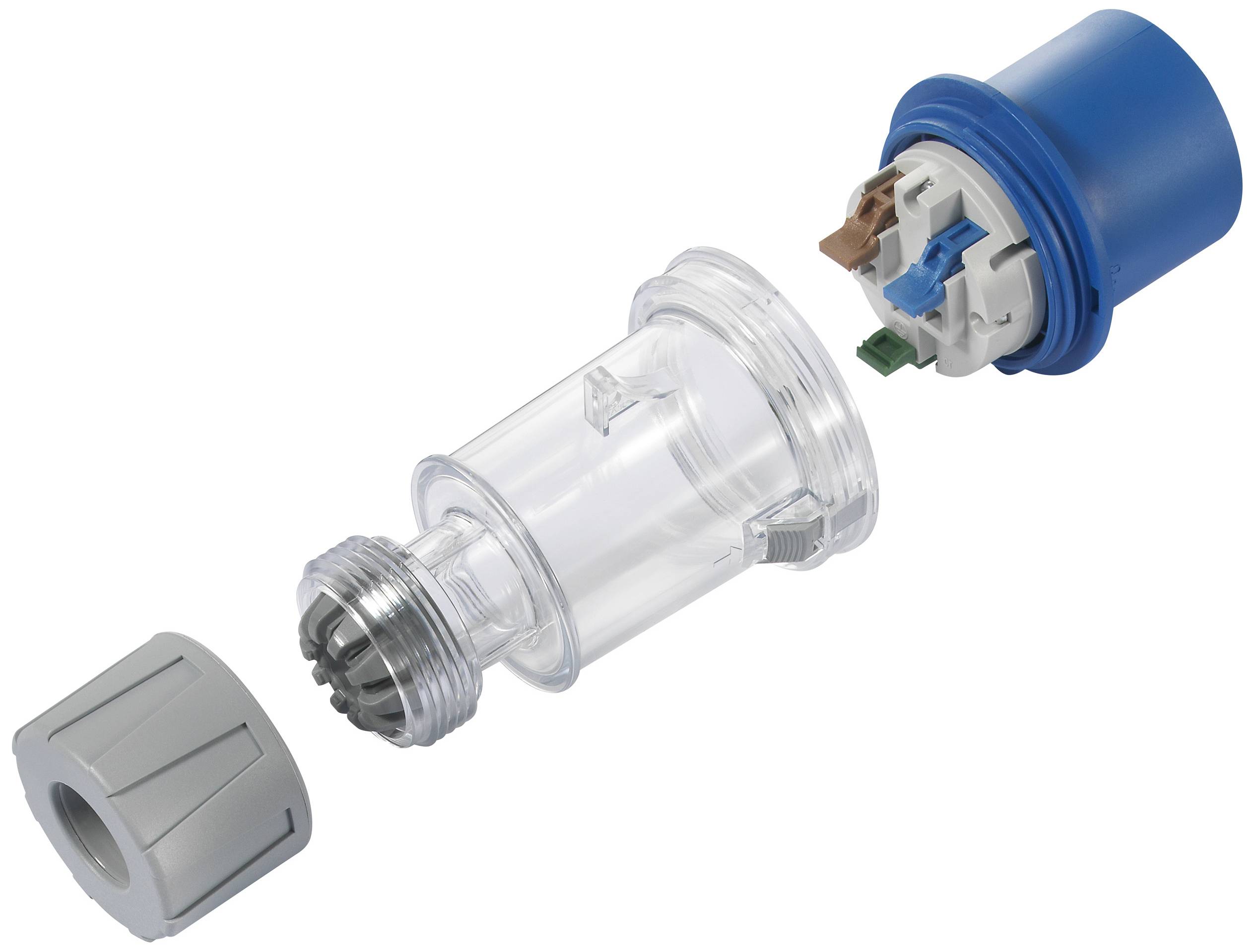 Rozebrany filtr wody z przezroczystą obudową, niebieskim elementem i szarą pokrywą. Ukazuje szczegóły struktury wewnętrznej.