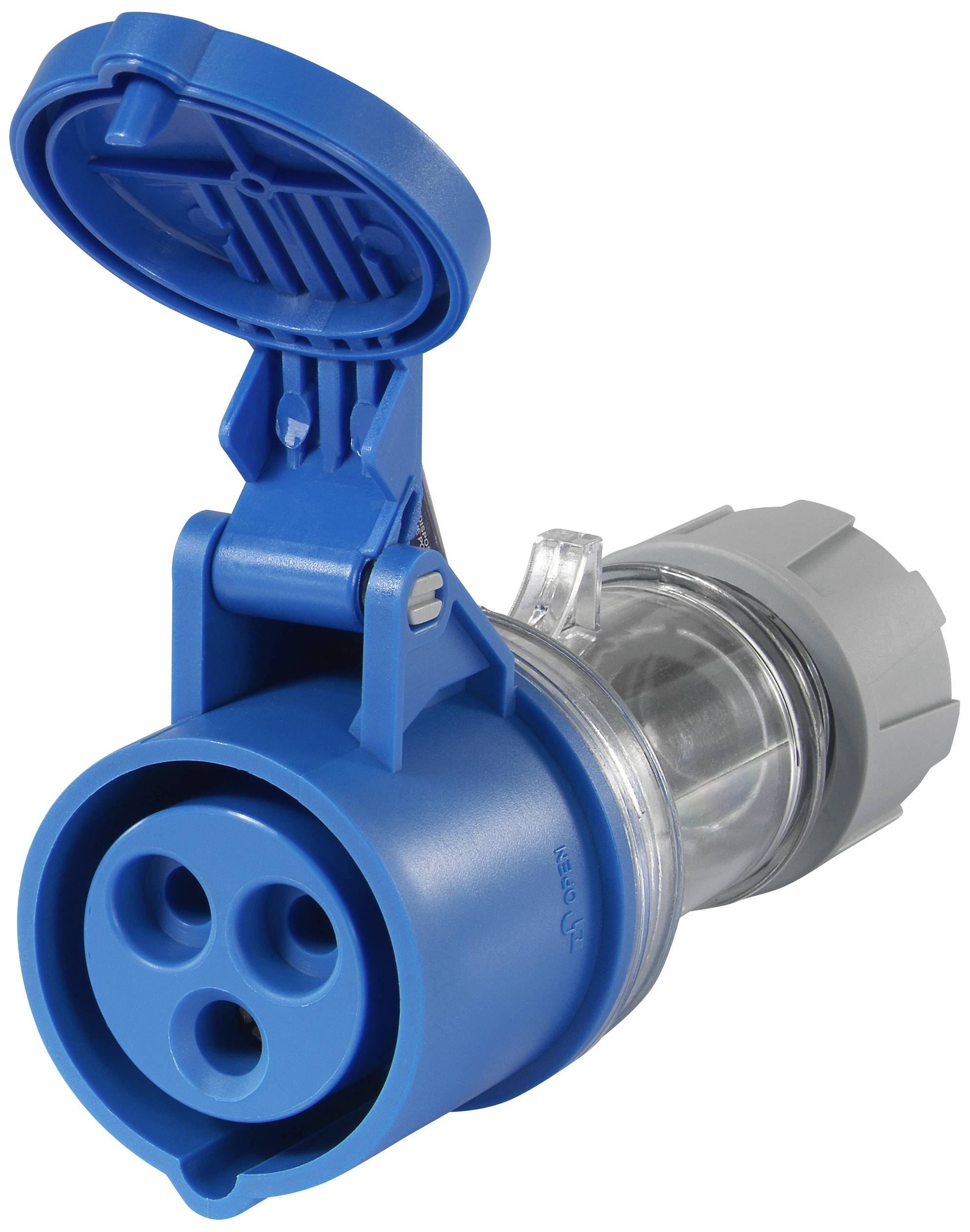 Niebieski, okrągły wtyk z trzema okrągłymi zagłębieniami i szarą nakrętką, górna pokrywa otwarta. Odpowiedni do zastosowań przemysłowych.