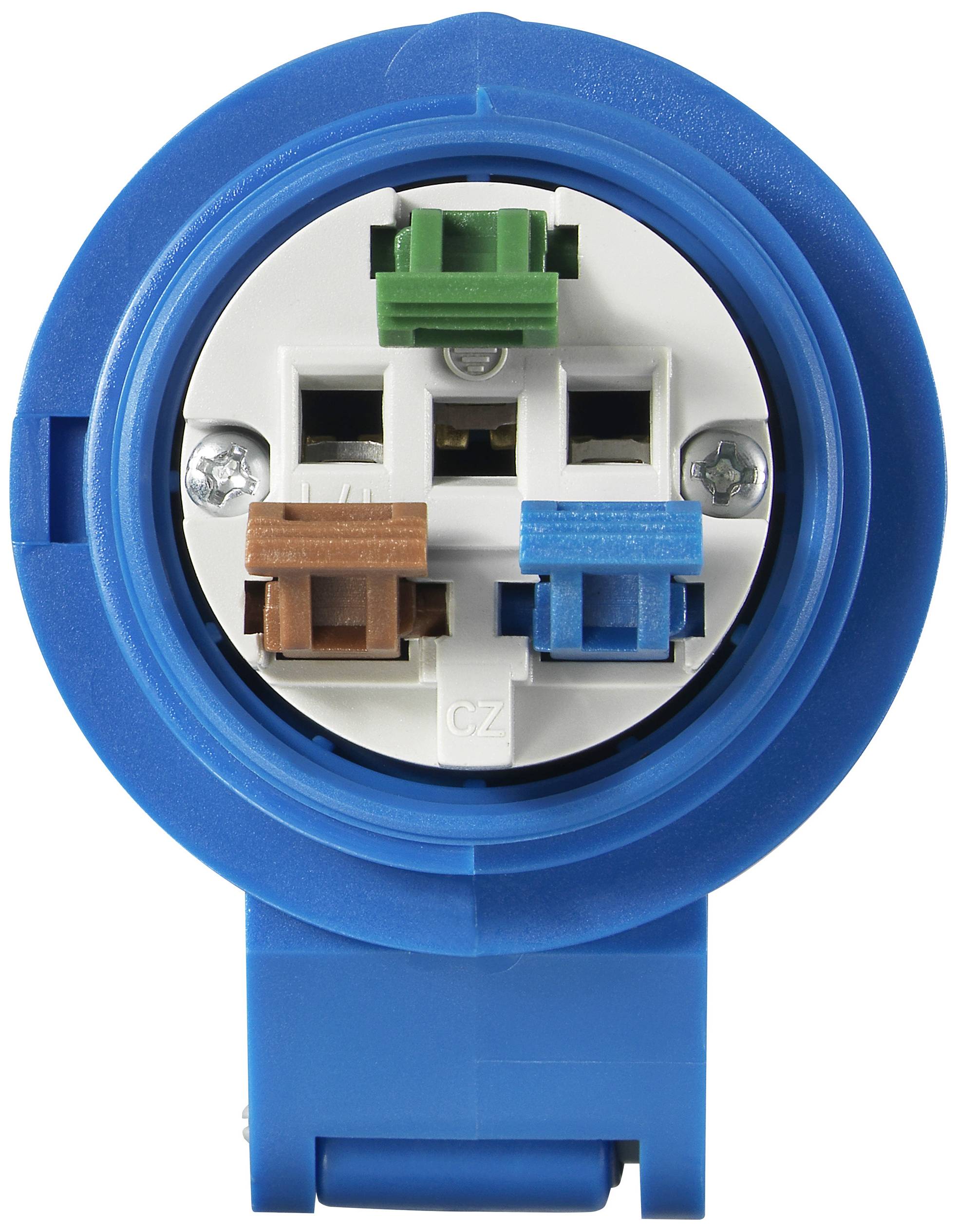 Niebieski wtyk elektryczny z przewodami w kolorach: zielonym, brązowym i niebieskim, wyeksponowany na białej podstawie.