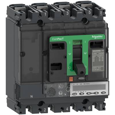 'Schneider Electric Kompaktowy wyłącznik mocy, model ComPact NSX. Czarno-zielony z wskaźnikiem pracy i specyfikacjami technicznymi.'