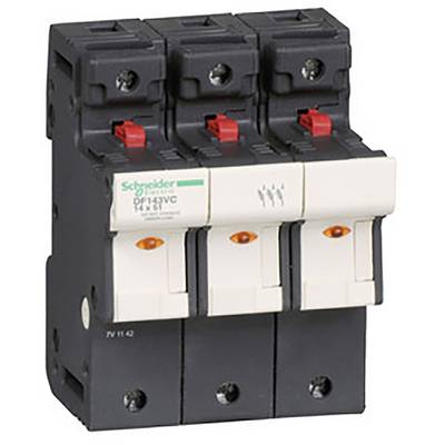Trójbiegunowy wyłącznik ochronny z czarną obudową i czerwoną dźwignią, stosowany do zabezpieczenia przed przeciążeniem i zwarciem w obwodach elektrycznych.