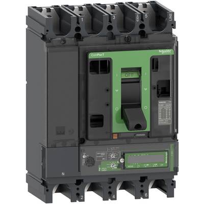 Czarny wyłącznik elektryczny marki Schneider Electric w zielonym obudowie. Oznaczony napisem 'ON' u góry i 'OFF' u dołu.