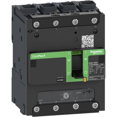 Czarny wyłącznik ochronny z zielonym przełącznikiem i napisami firmy 'Schneider Electric'. Nadrukowany kod QR w prawym górnym rogu.