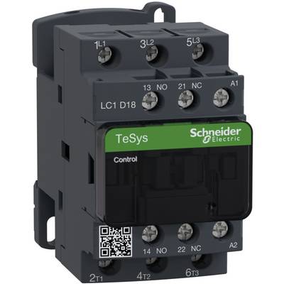 'Schneider Electric TeSys D stycznik, model LC1 D18, z zielonym oznakowaniem i kodem QR, przeznaczony do sterowania przemysłowego.'