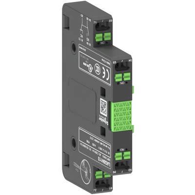 Czarne urządzenie elektroniczne o prostokątnym kształcie z zielonymi złączami i przełącznikiem, srebrnym oznaczeniem typu oraz kilkoma symbolami certyfikacyjnymi; służy do łączenia obwodów elektrycznych.