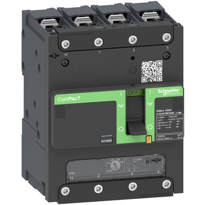 Automat bezpieczeństwa z zielonym przełącznikiem, kod QR powyżej, oznaczony napisem "OFF". Nazwa marki: Schneider Electric. Model: ComPacT NSXm 160H.