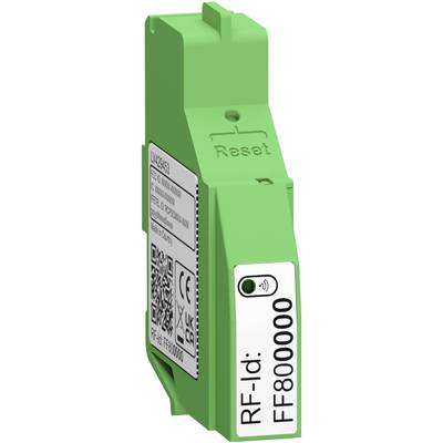 Zielony moduł elektryczny z przyciskiem 'Reset' i kodem QR. Etykieta tekstowa wskazuje 'RF-Id: FF8000000'.