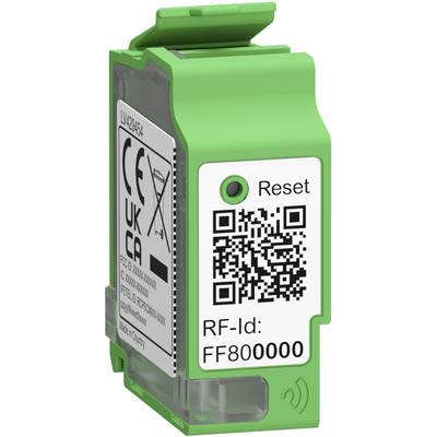 Zielona elektroniczna komponenta z kodem QR, przyciskiem resetowania, oznakowaniem CE oraz numerem seryjnym 'FF800000'.
