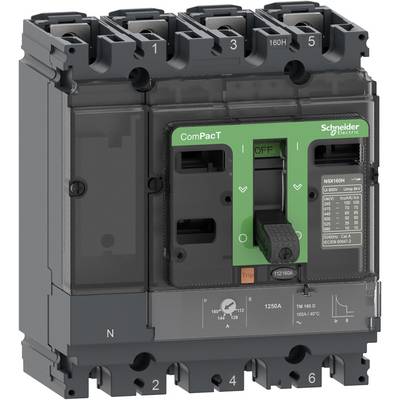 Wyłącznik automatyczny Schneider Electric z zieloną przednią ścianką i oznaczeniami. Model: ComPacT NSX160H.