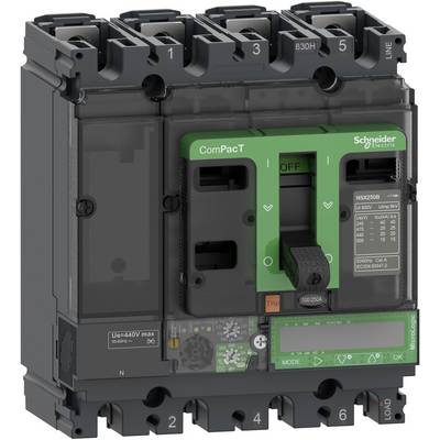 Szary wyłącznik prądowy firmy Schneider Electric z zielonymi akcentami, oznaczeniami i trzema dużymi przełącznikami na górze, model Compact NSX.
