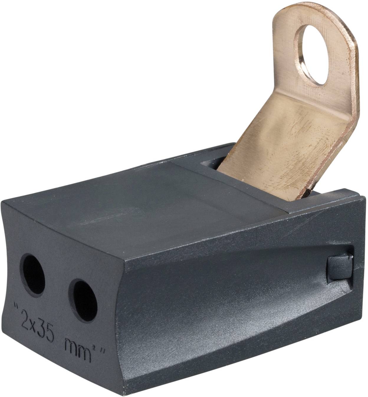 Czarny elektryczny złącznik z dwoma otworami i miedzianym przyłączem, oznaczony '2x35 mm'.