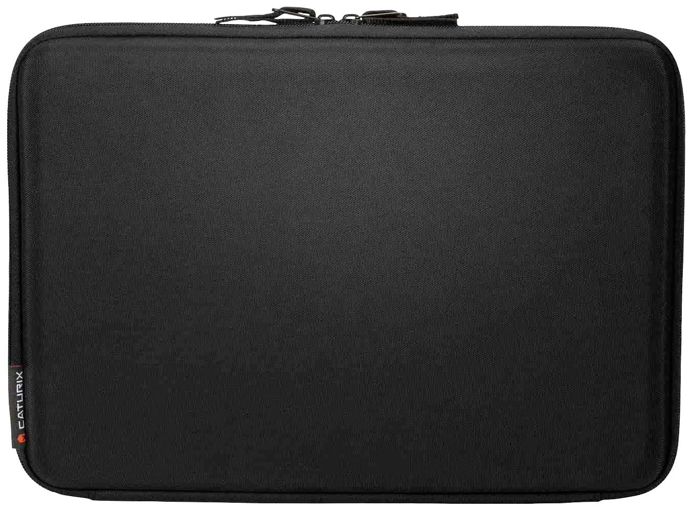 Czarna torba na laptopa z zamkiem błyskawicznym, lekko wyściełana dla dodatkowej ochrony.