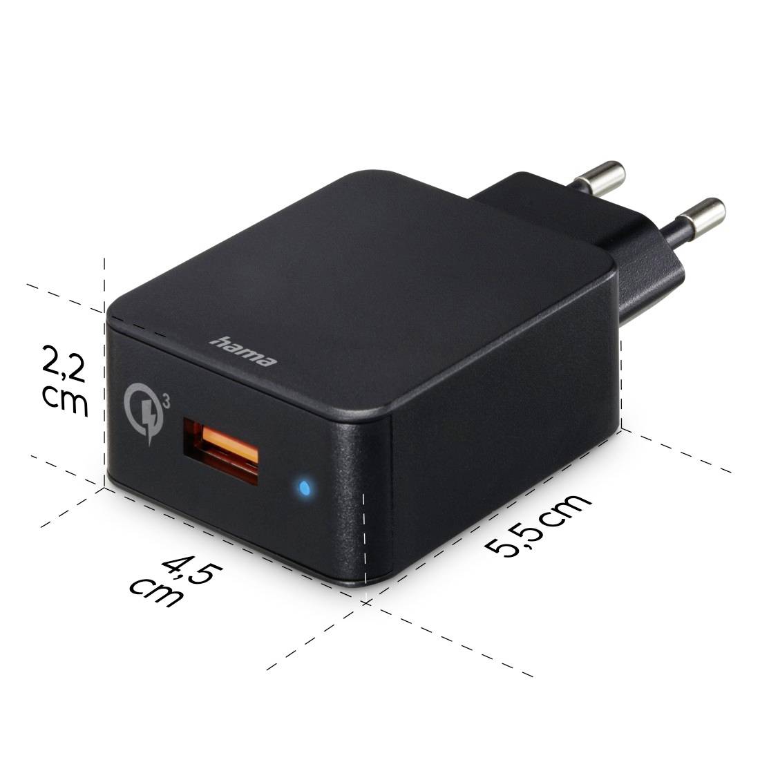 Czarna ładowarka USB z wtyczką europejską, jednym portem USB i niebieskim wskaźnikiem LED. Wymiary: 2,2 cm wysokości, 4,5 cm szerokości i 5,5 cm głębokości.