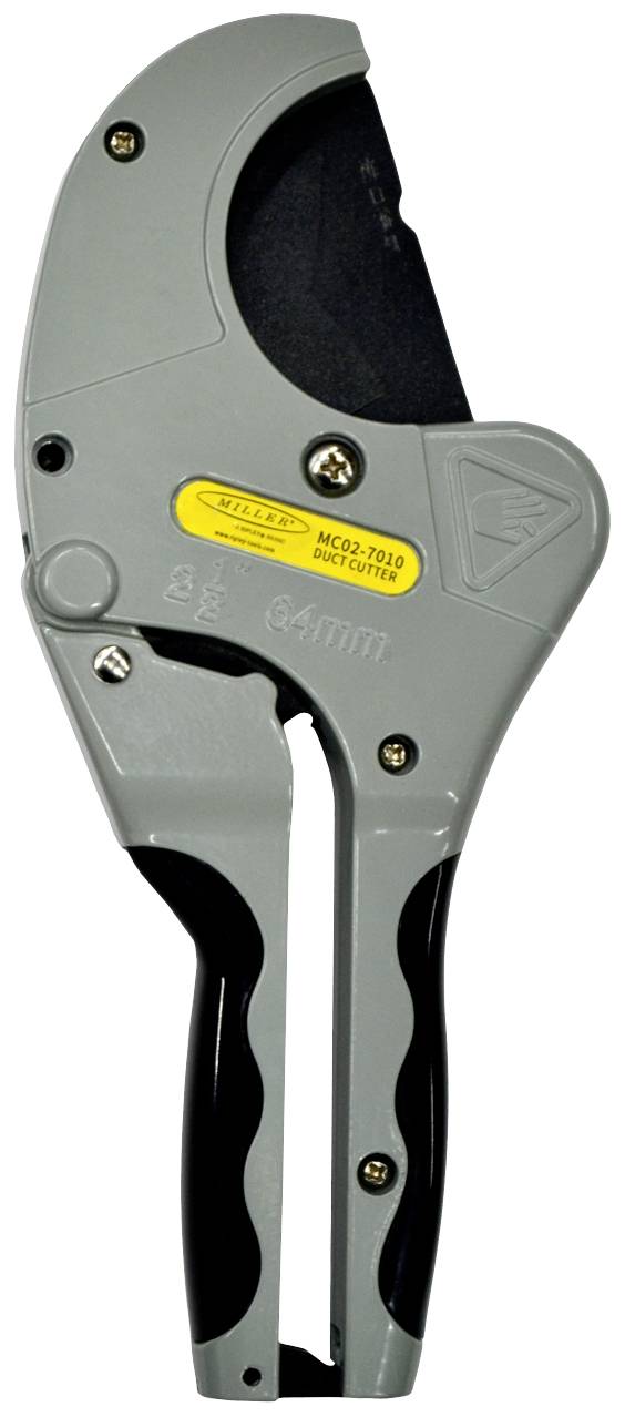 Szare nożyce do rur z czarną rączką i żółtą etykietą; odpowiednie do cięcia rur o średnicy do 64 mm.