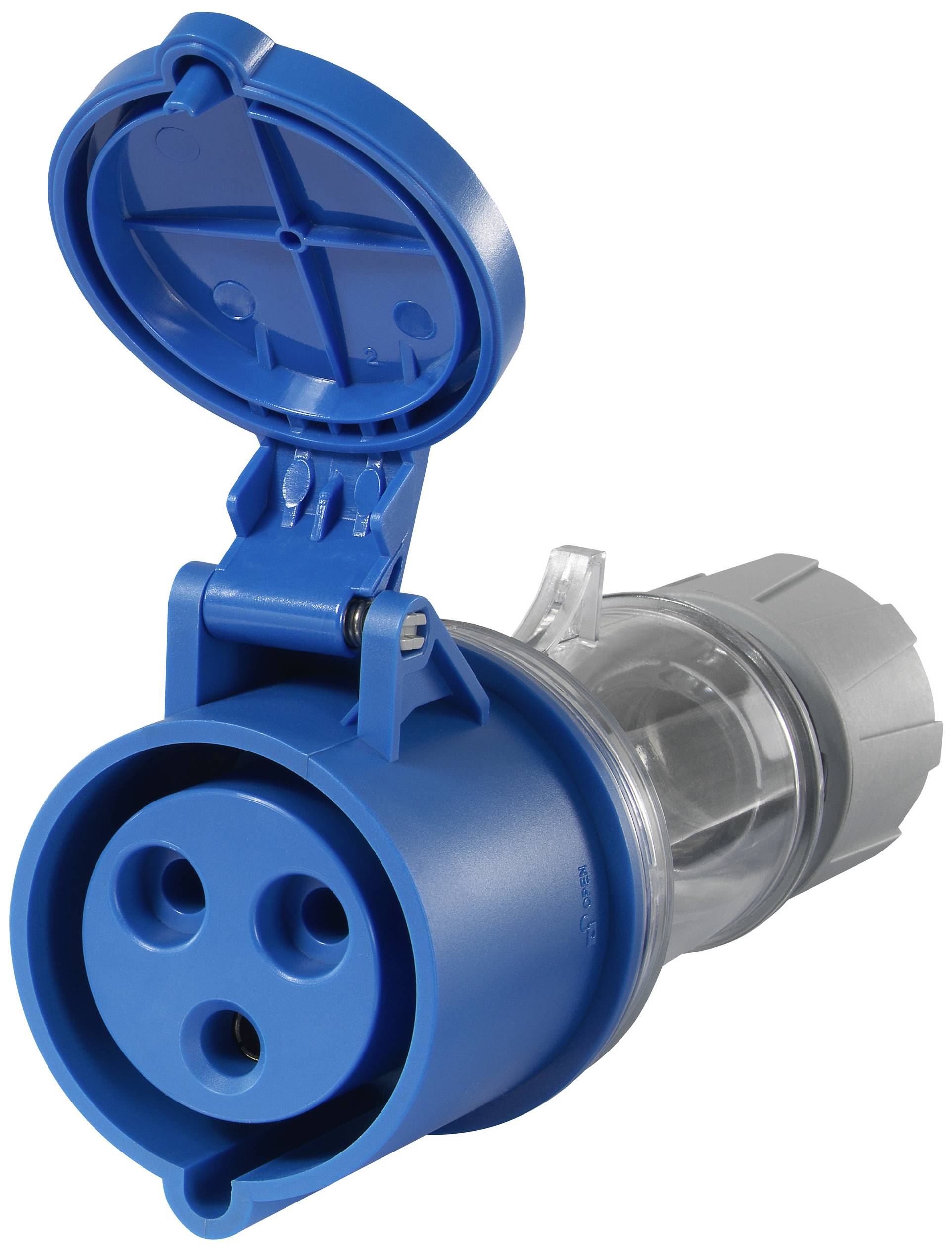 Niebieskie, przemysłowe gniazdo elektryczne z otwartą pokrywą, posiadające trzy okrągłe otwory, przeznaczone do podłączenia ciężkich urządzeń elektrycznych.