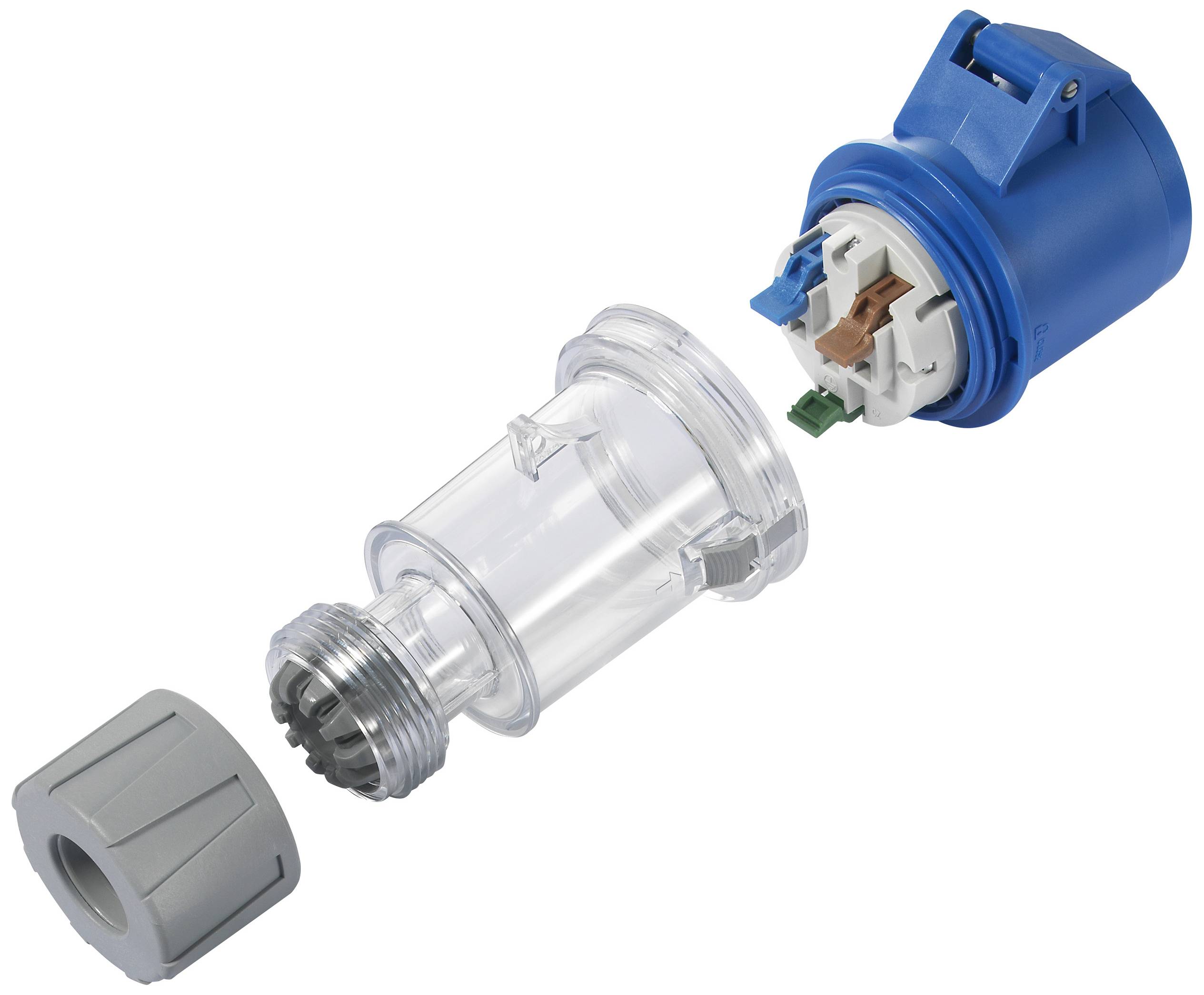 Rozłączony złącz z niebieską i szarą obudową z tworzywa sztucznego oraz przezroczystą częścią środkową, szczegółowo przedstawiony technicznie.