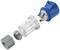 Rozłączony złącz z niebieską i szarą obudową z tworzywa sztucznego oraz przezroczystą częścią środkową, szczegółowo przedstawiony technicznie.