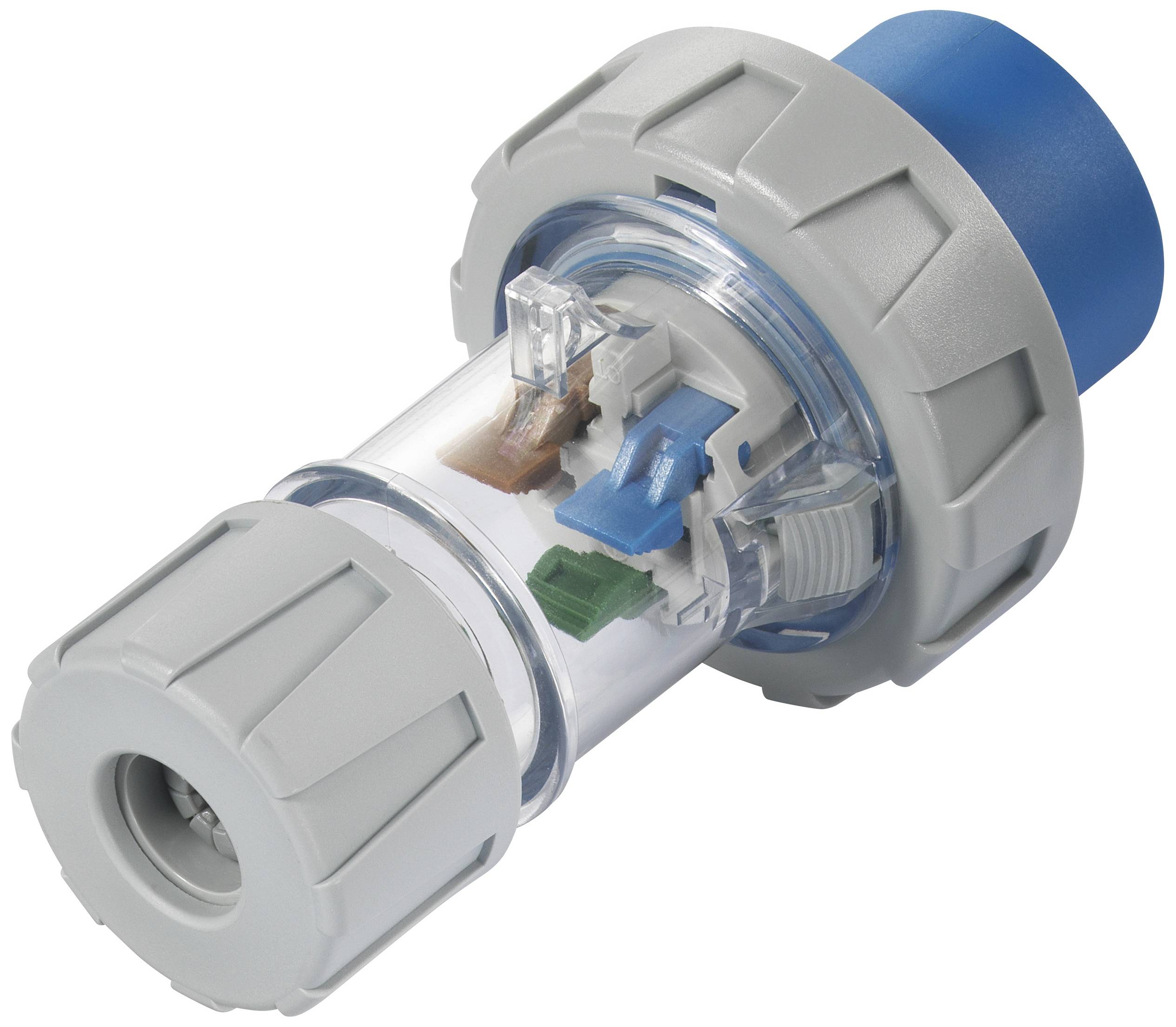 Szary i niebieski wtyk plastikowy z widocznymi, kolorowymi przewodami i gniazdami. Jest używany do połączeń elektrycznych.