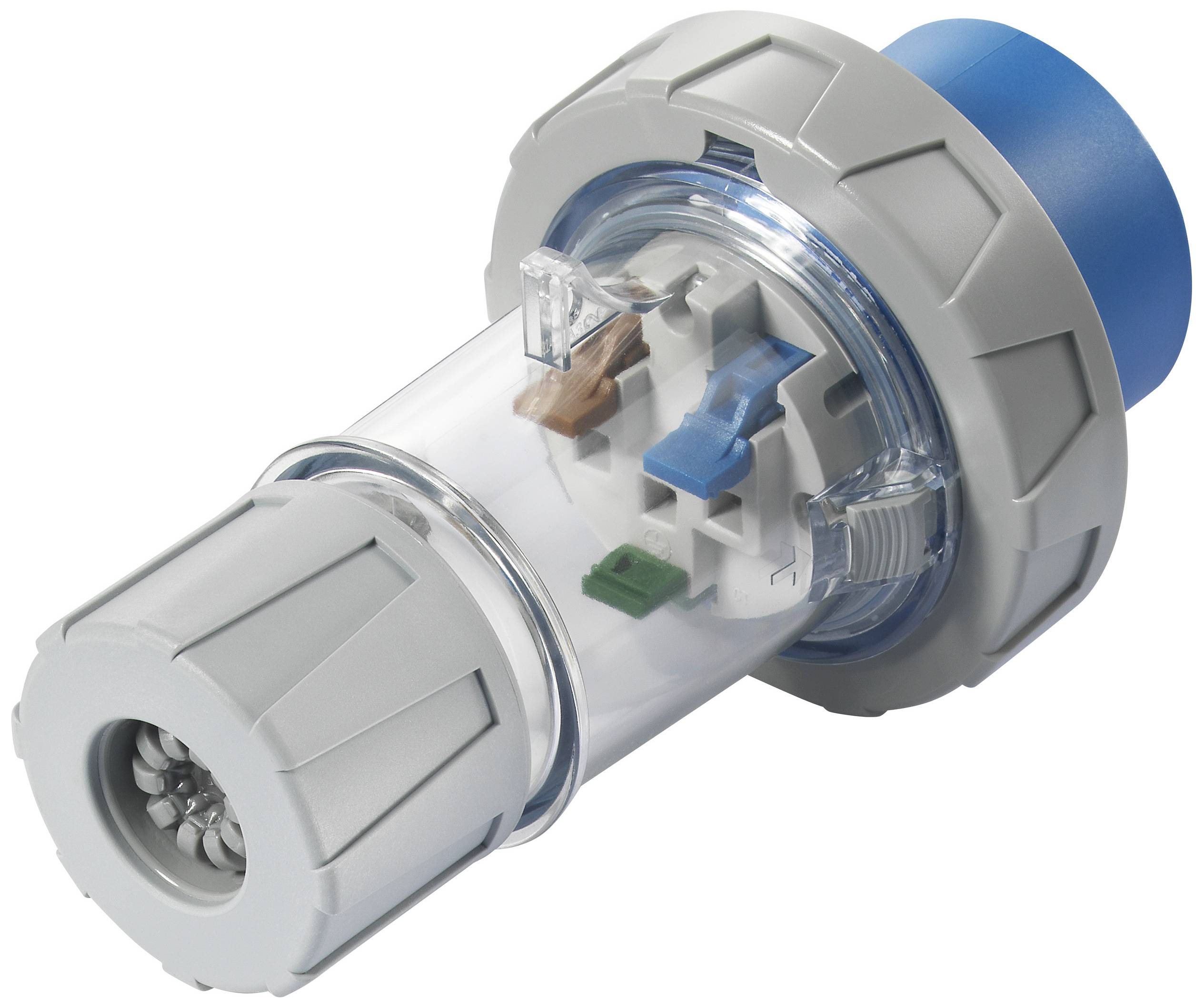 Przezroczysty, cylindryczny wtyk z niebiesko-szarą izolacją, służący do bezpiecznego łączenia przewodów.