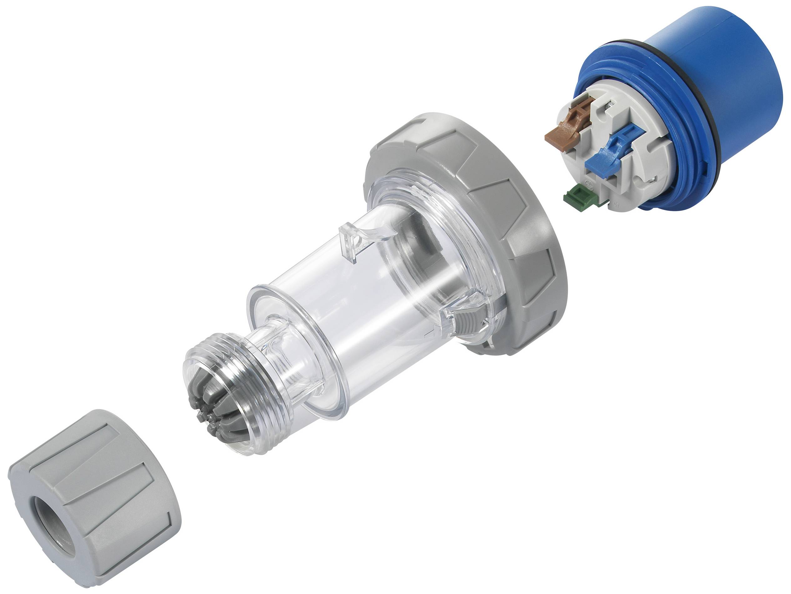 Rozłączny elektryczny system wtykowy z przezroczystą obudową, niebieskim kapturkiem i kolorowo oznaczonymi złączami.
