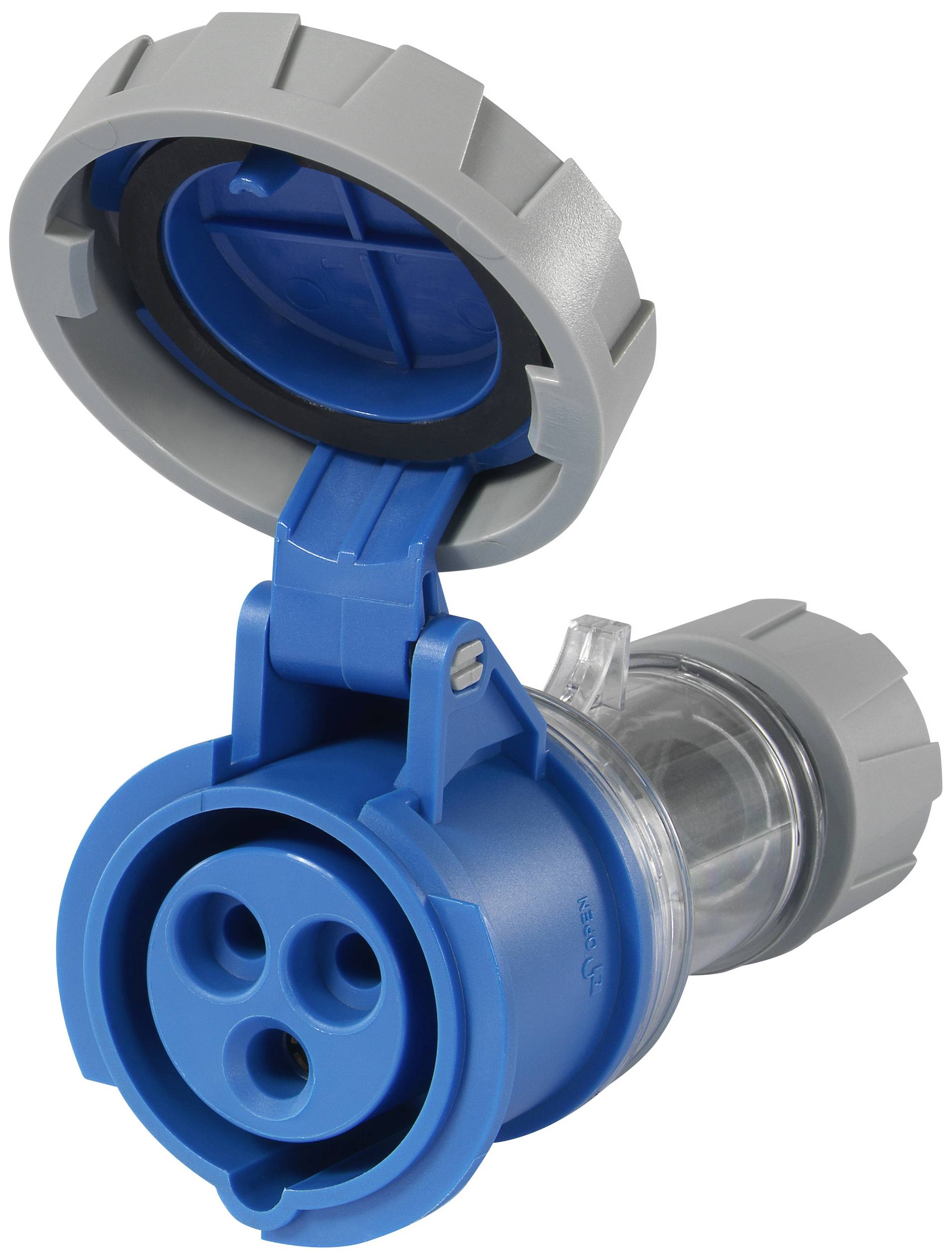 Niebieskie, cylindryczne przemysłowe gniazdo elektryczne z tworzywa sztucznego z trzema okrągłymi otworami. Pokrywa otwarta. Wytrzymały, żebrowany design.