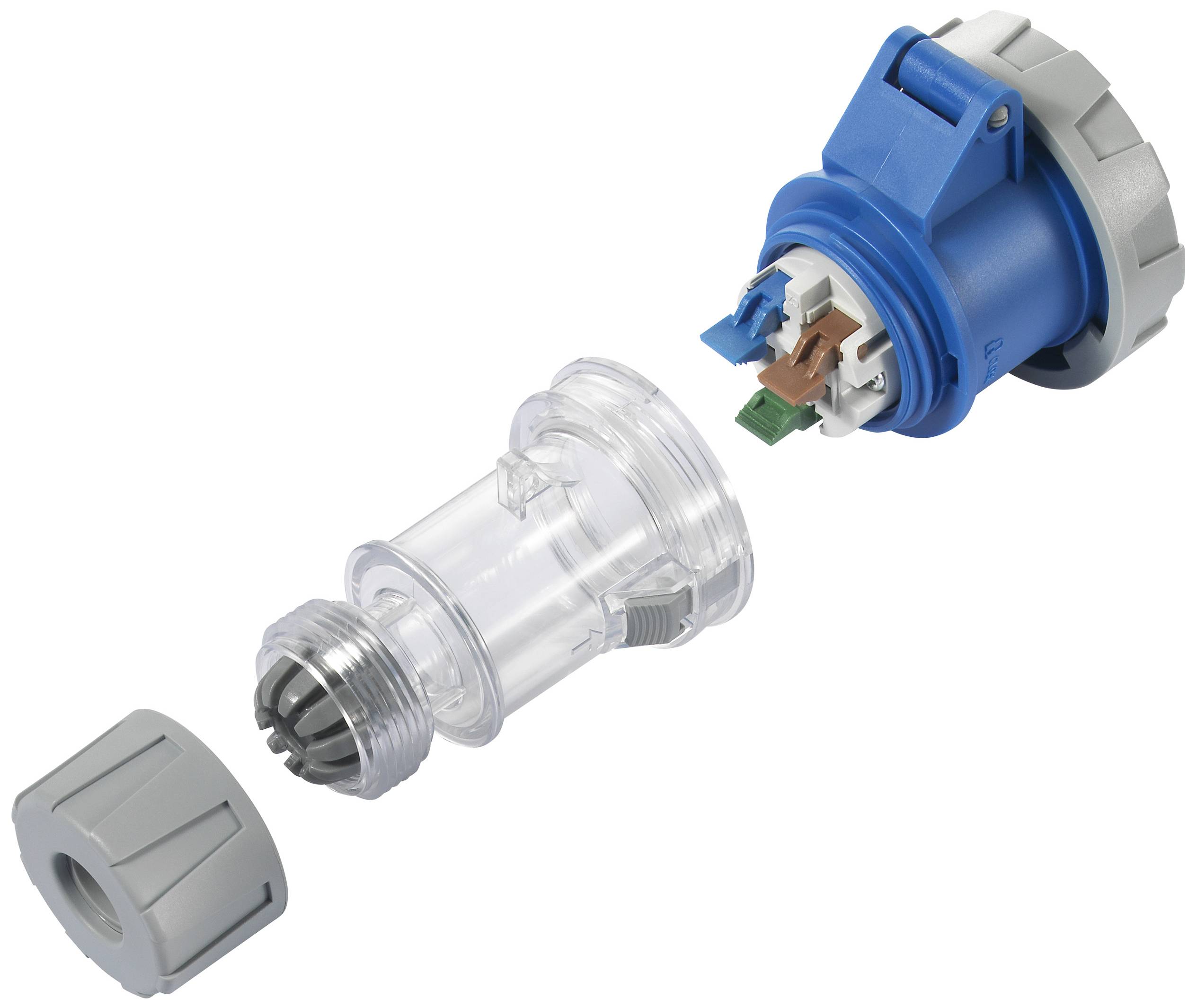 Rysunek rozstrzelony złącza elektrycznego z niebieskim i przezroczystym elementem, przedstawiający budowę i poszczególne części.