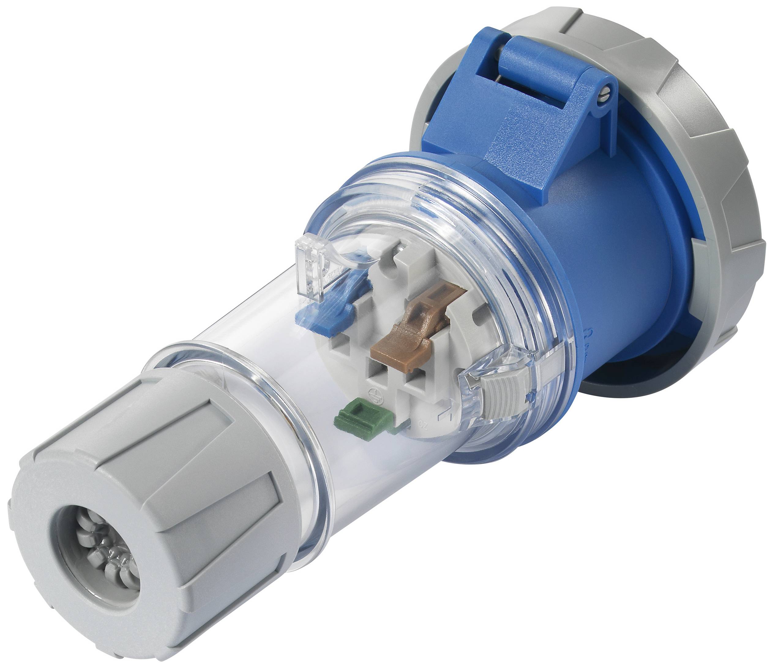 Niebieski i szary trójstykowy przemysłowy wtyk złącza z przezroczystą obudową, z wyraźnie widocznymi wewnętrznymi stykami metalowymi.